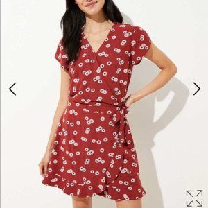 LOFT Burnt Orange Floral, V-Neck Romper with Tie Waist and a Ruffle Hem